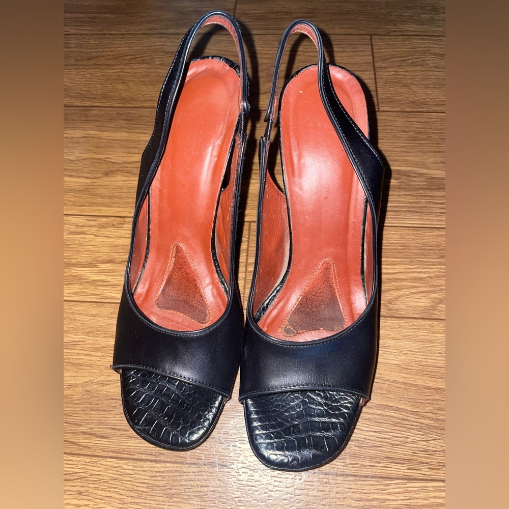 Donald Pliner Black Baby Calf Gator Leather Shoe Platform Peep Toe $265